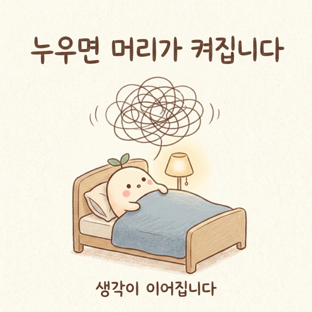 누우면 생각이 많아져 잠들지 못하는 모습을 그린 손그림 일러스트