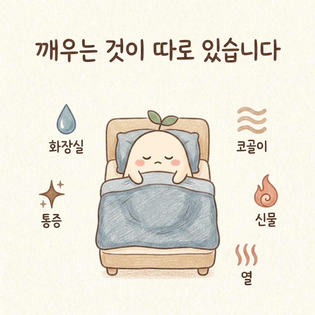 밤중에 자꾸 깨는 원인들을 정리한 손그림 일러스트