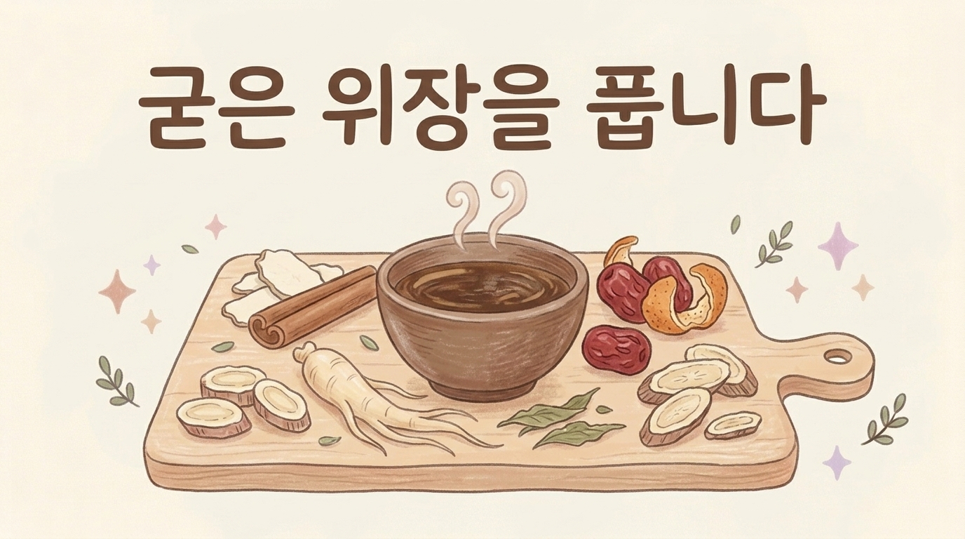 체질에 맞춘 한약으로 굳은 위장을 풀고 염증을 치료하는 과정을 그린 일러스트