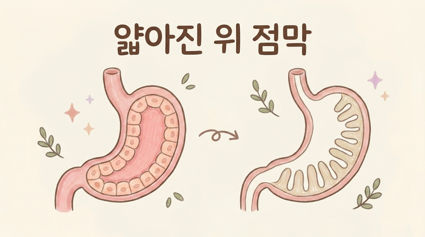 오랜 염증으로 위 점막이 얇아진 위축성 위염 단계를 설명하는 일러스트