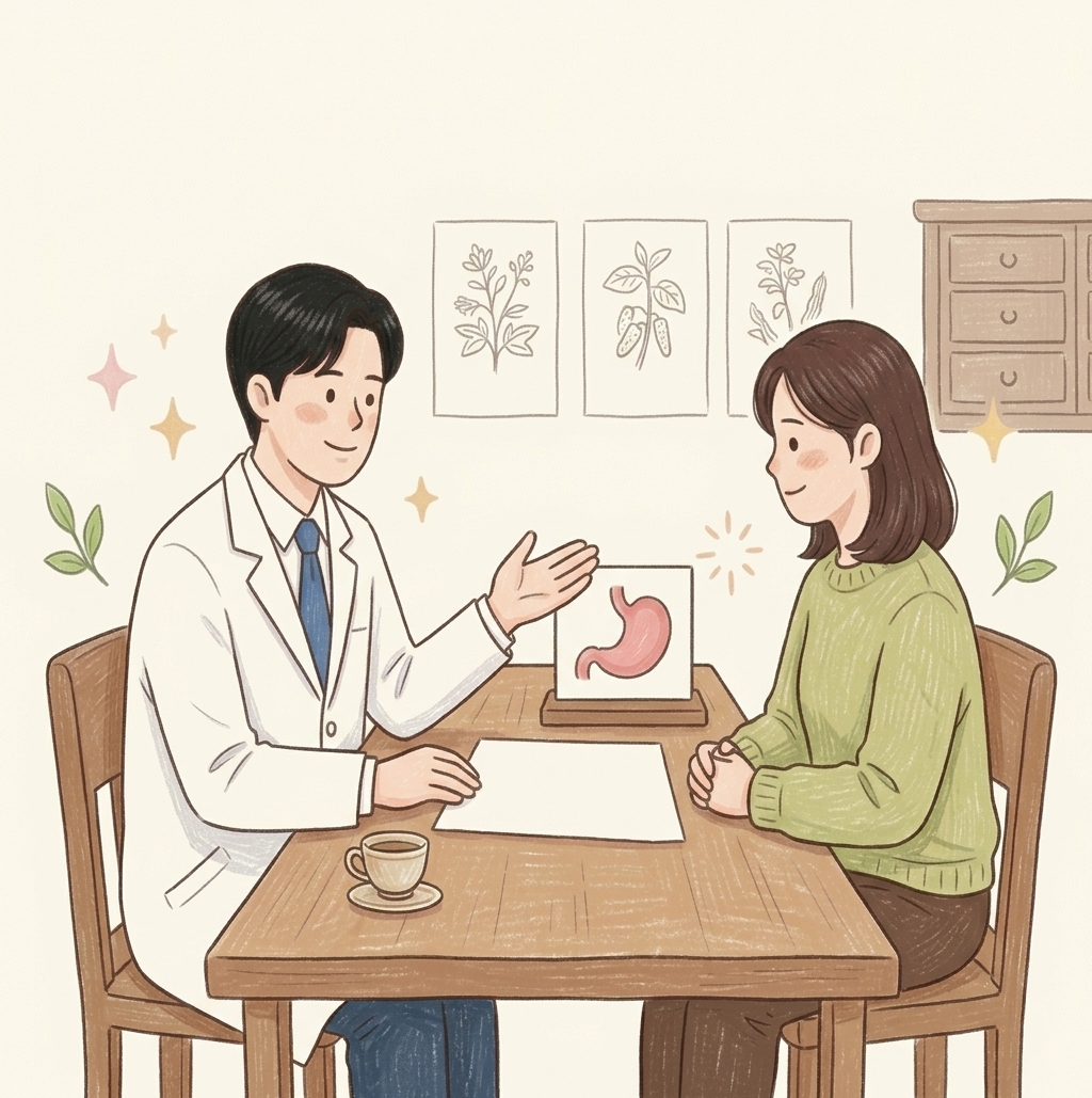 식사 습관을 상담하는 한의사와 환자 일러스트