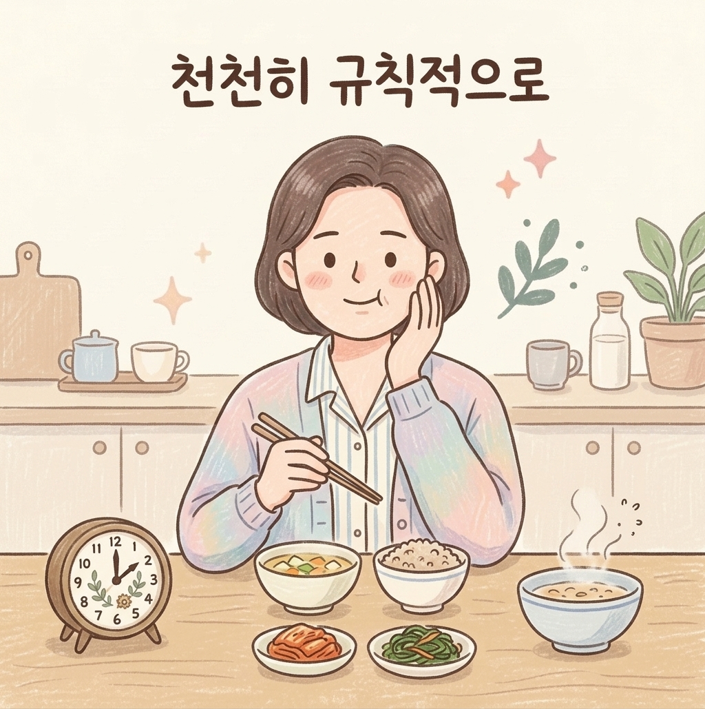 천천히 씹고 규칙적으로 먹는 식사 습관을 설명하는 일러스트