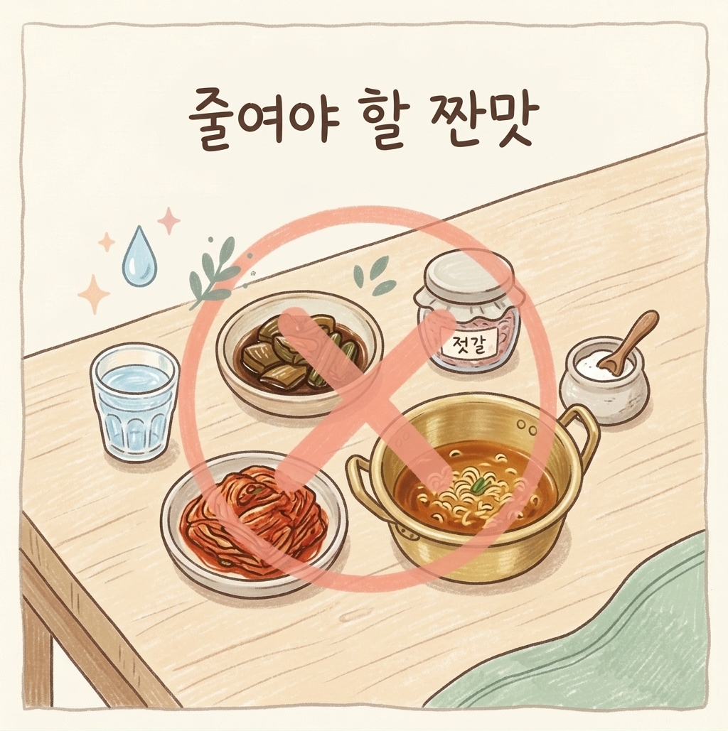 절임류와 국물 등 줄여야 할 짠 음식을 보여주는 일러스트