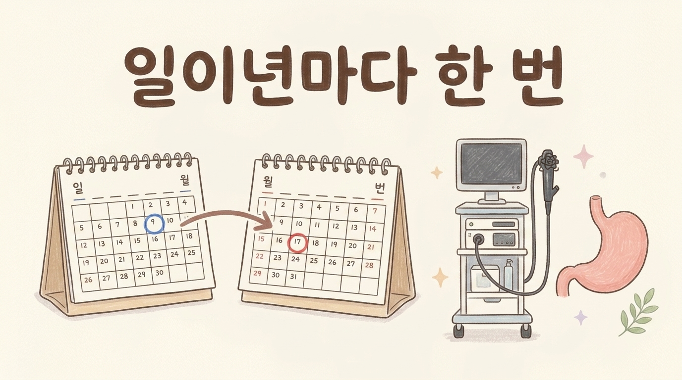 1~2년 간격의 정기 내시경 검진 주기를 설명하는 일러스트