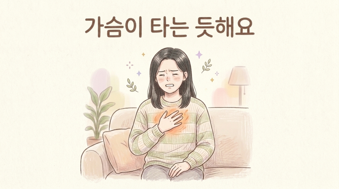 소파에 앉아 가슴 위쪽을 손으로 짚으며 타는 듯한 쓰림을 호소하는 여성의 모습