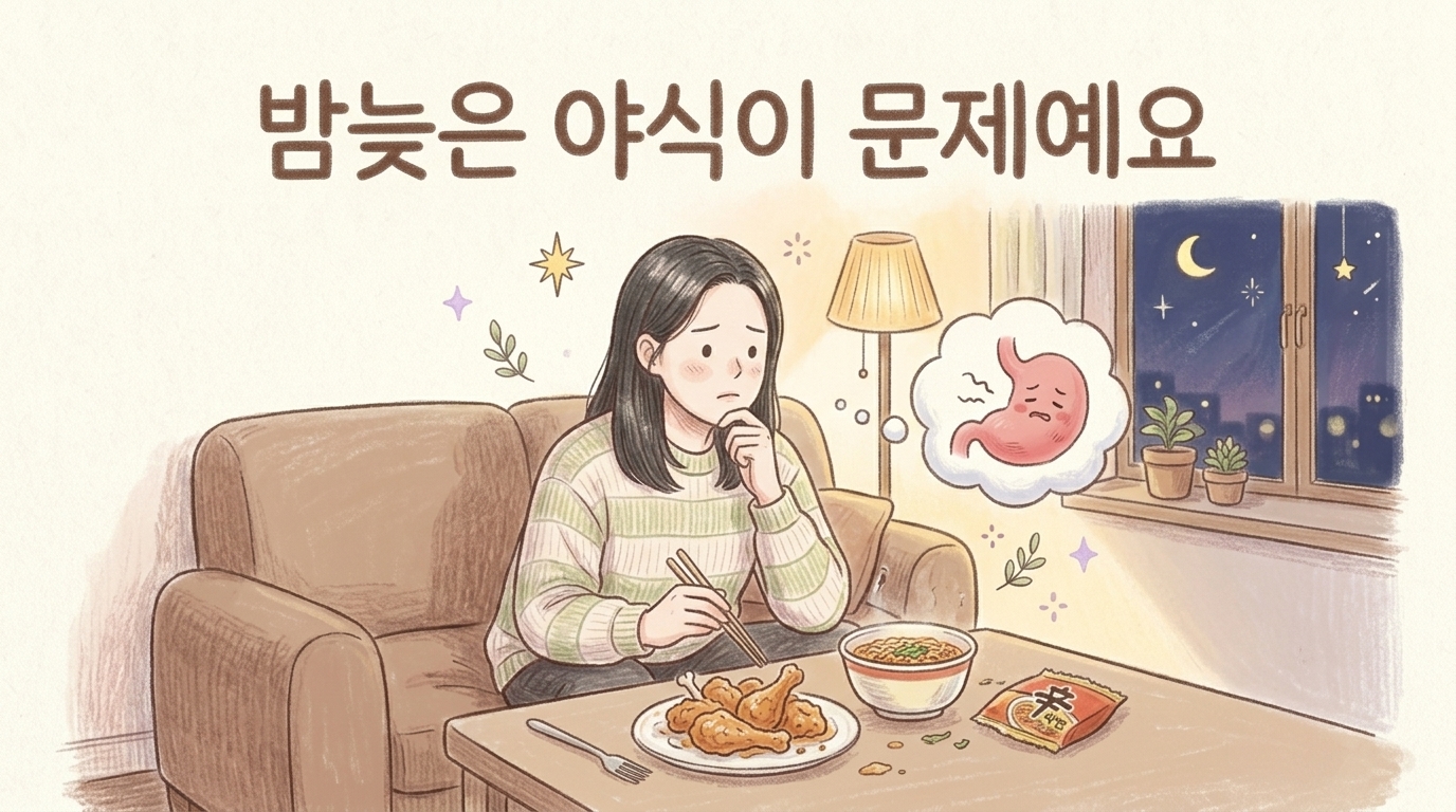 늦은 밤 소파에서 기름진 야식을 먹는 모습 — 위산 역류를 부추기는 생활습관