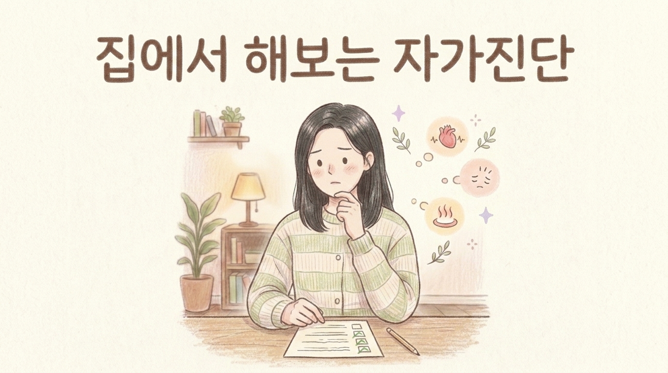 식탁에 앉아 자신의 증상을 하나씩 떠올리며 체크리스트로 자가진단해 보는 여성의 모습