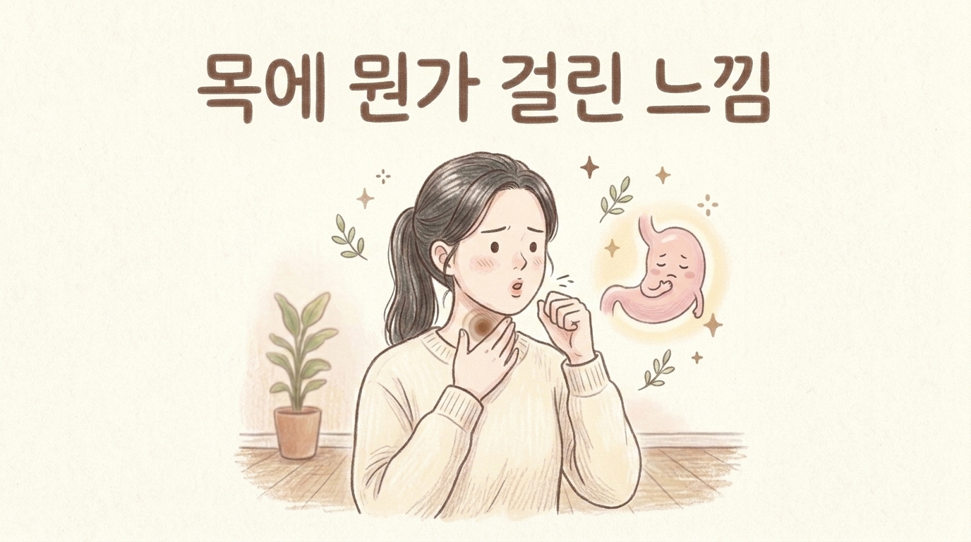 목에 무언가 걸린 듯한 이물감을 느껴 목을 감싸며 헛기침하는 여성의 모습
