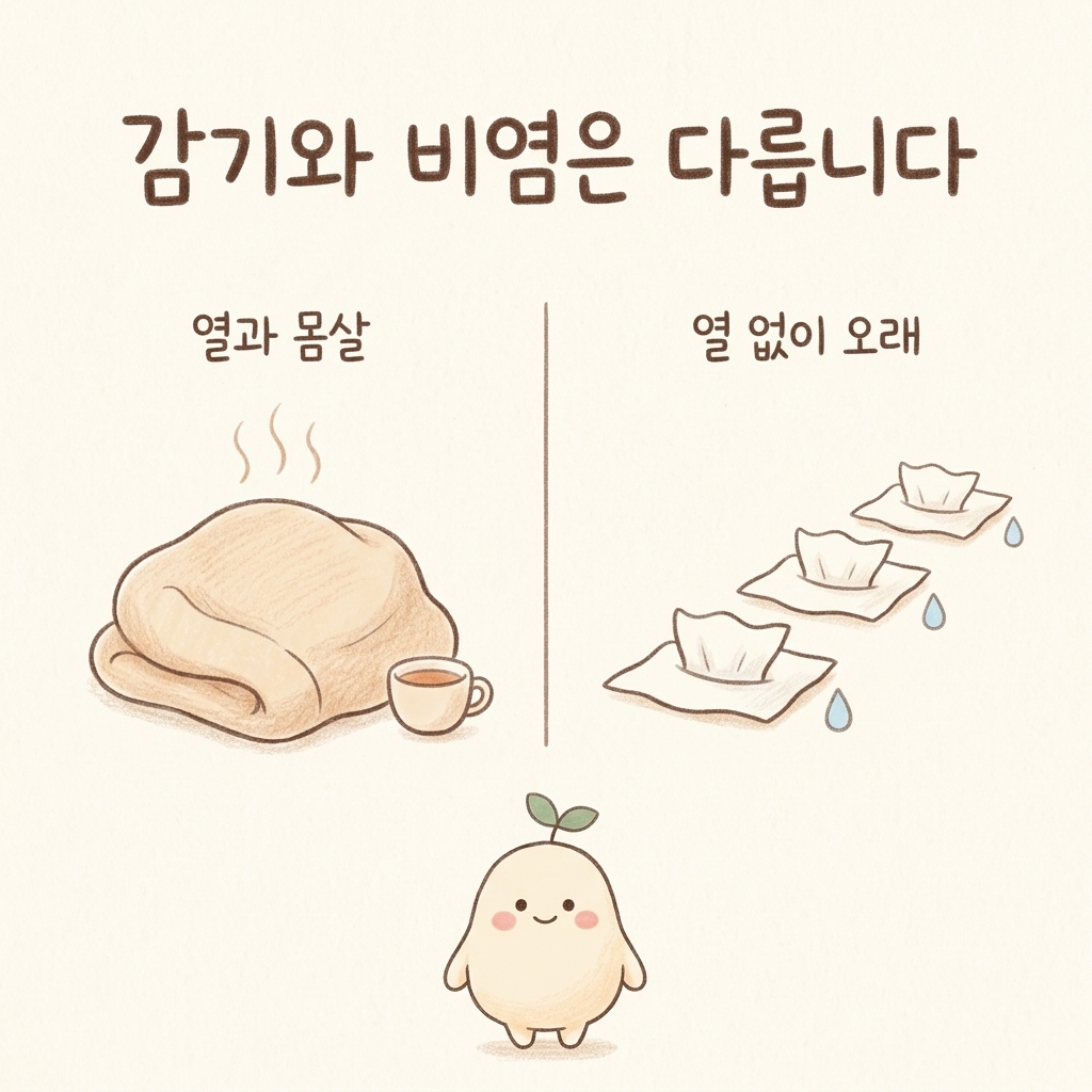 감기와 비염의 차이를 비교한 손그림 일러스트