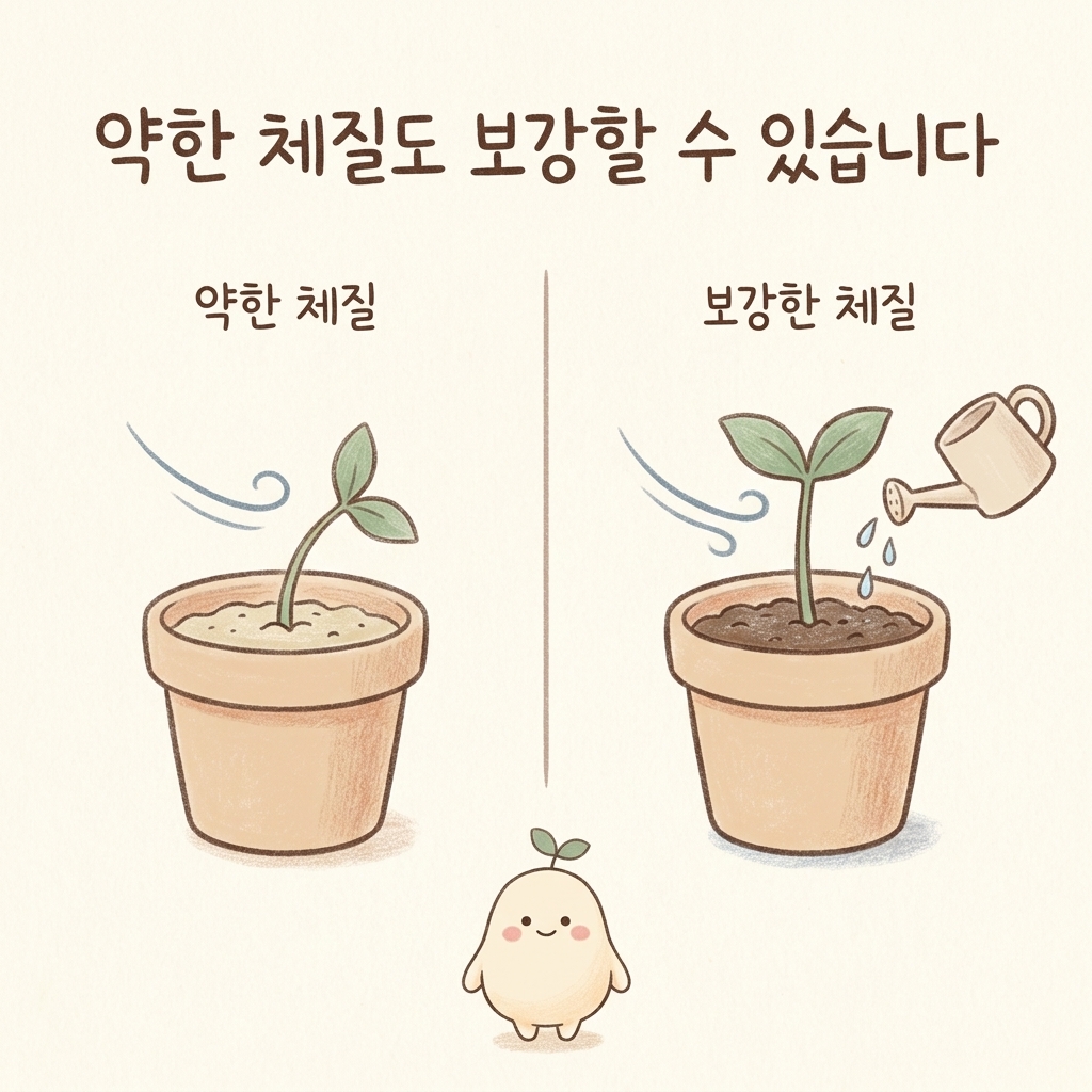 약한 체질도 보강할 수 있음을 표현한 손그림 일러스트