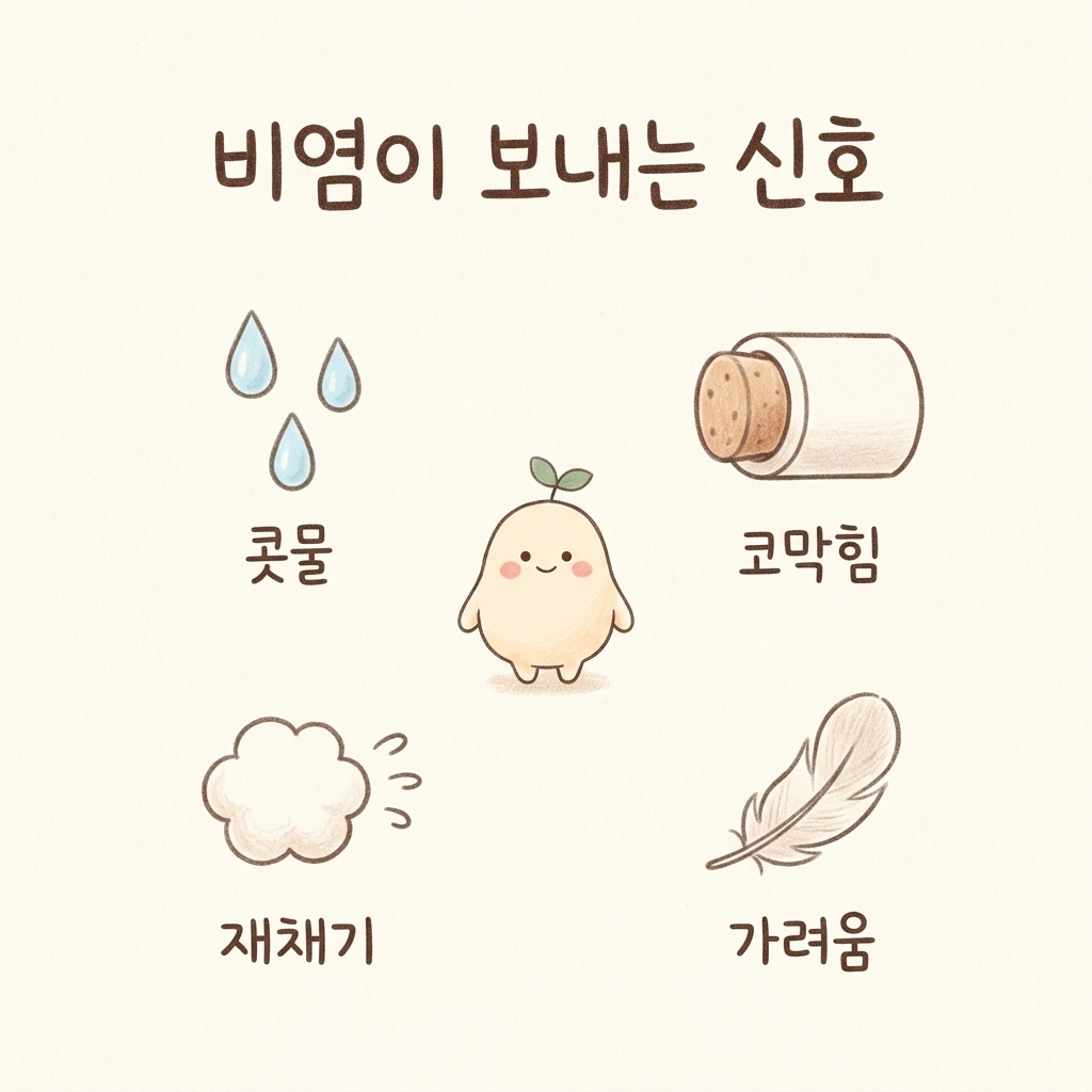 비염의 대표 증상 4가지를 정리한 손그림 일러스트