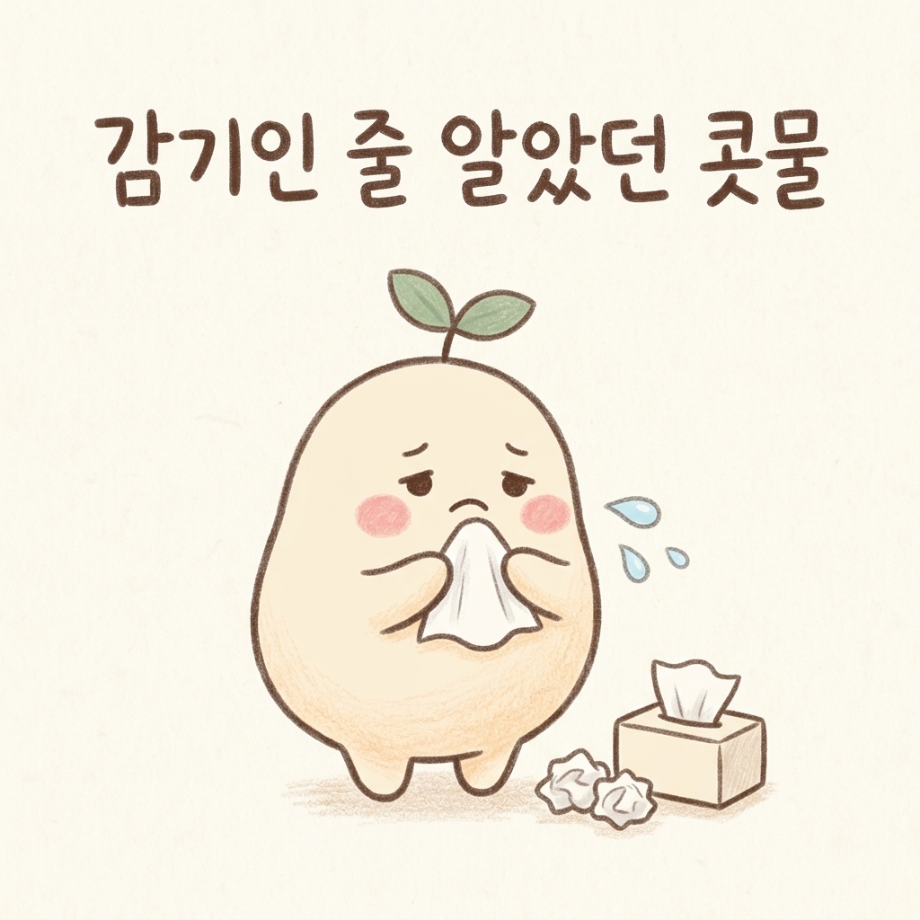 감기인 줄 알았던 콧물이 비염일 수 있음을 표현한 손그림 일러스트