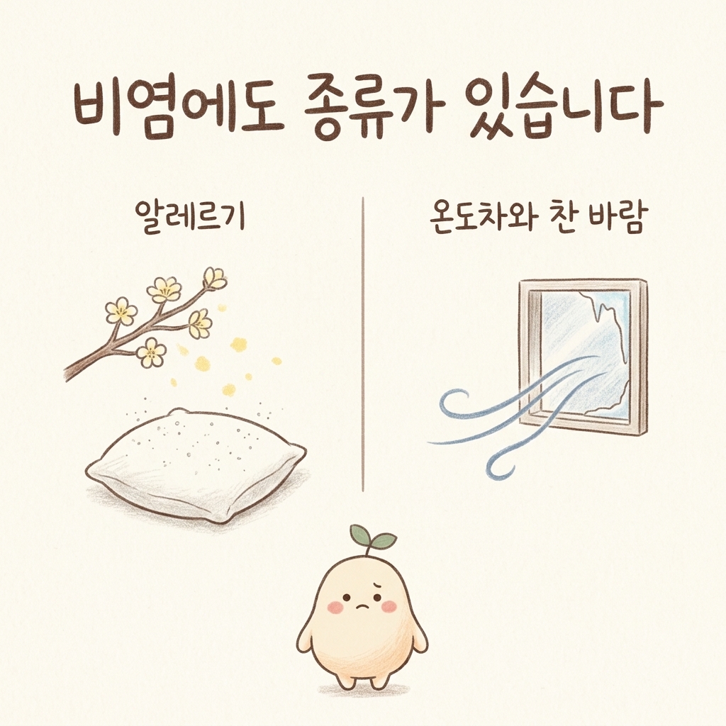 알레르기 비염과 비알레르기 비염을 나누어 그린 손그림 일러스트