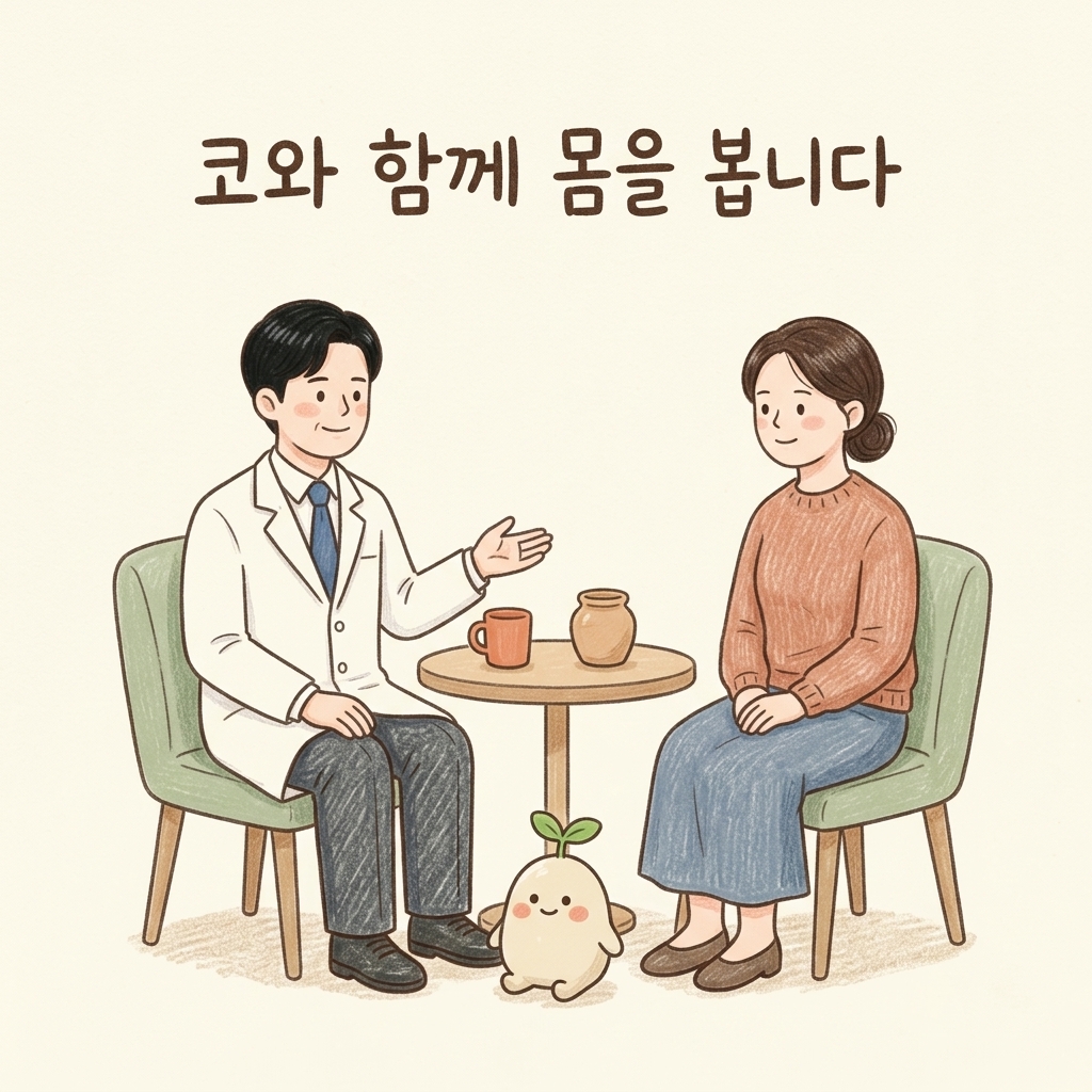 비염의 원인을 상담하는 한의사와 환자 손그림 일러스트