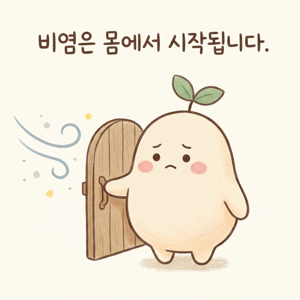 비염이 코가 아닌 몸의 체질에서 시작됨을 표현한 손그림 일러스트