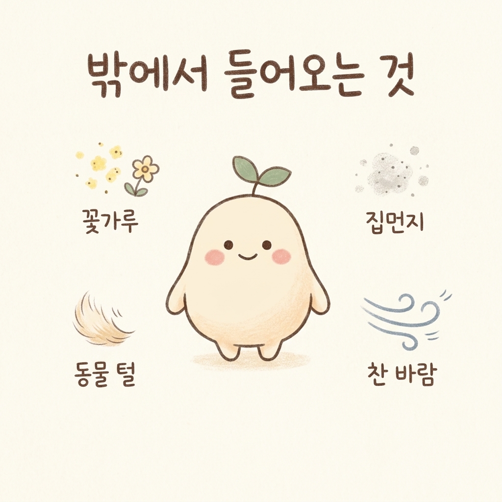 비염을 건드리는 바깥 자극들을 그린 손그림 일러스트