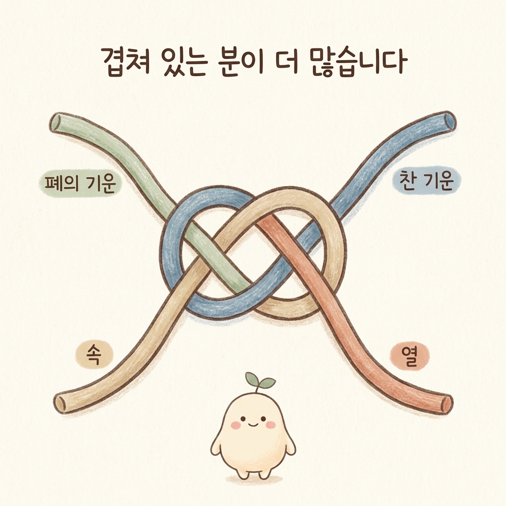 비염의 원인이 여러 가지로 겹쳐 있음을 그린 손그림 일러스트
