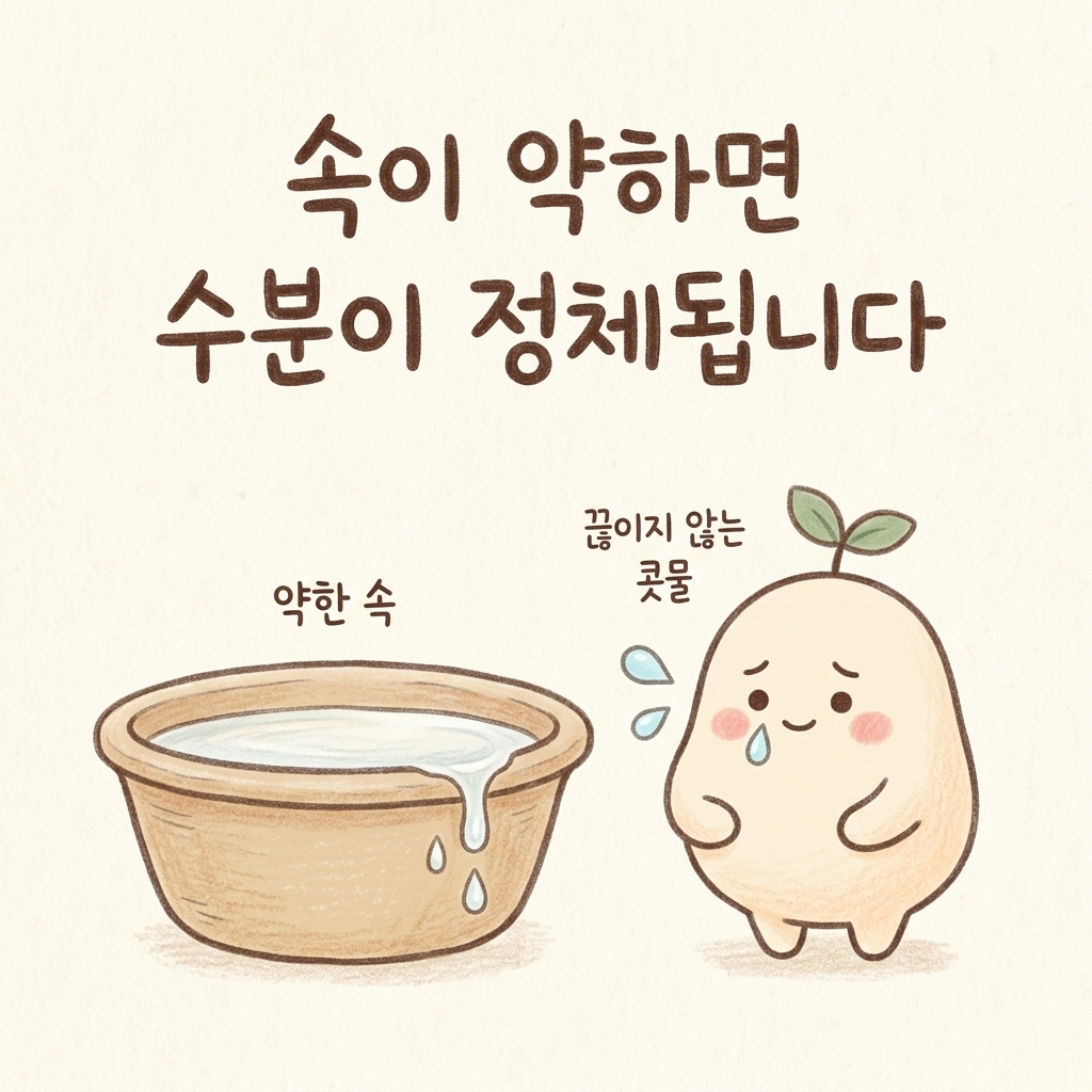속이 약해 수분이 정체돼 콧물이 끊이지 않는 상태를 그린 손그림 일러스트