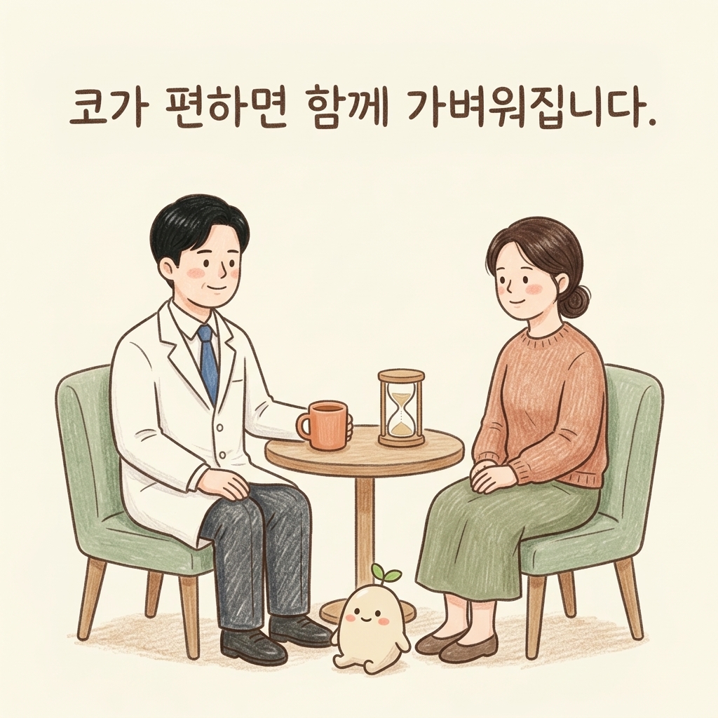 오래된 비염을 상담하는 한의사와 환자 손그림 일러스트