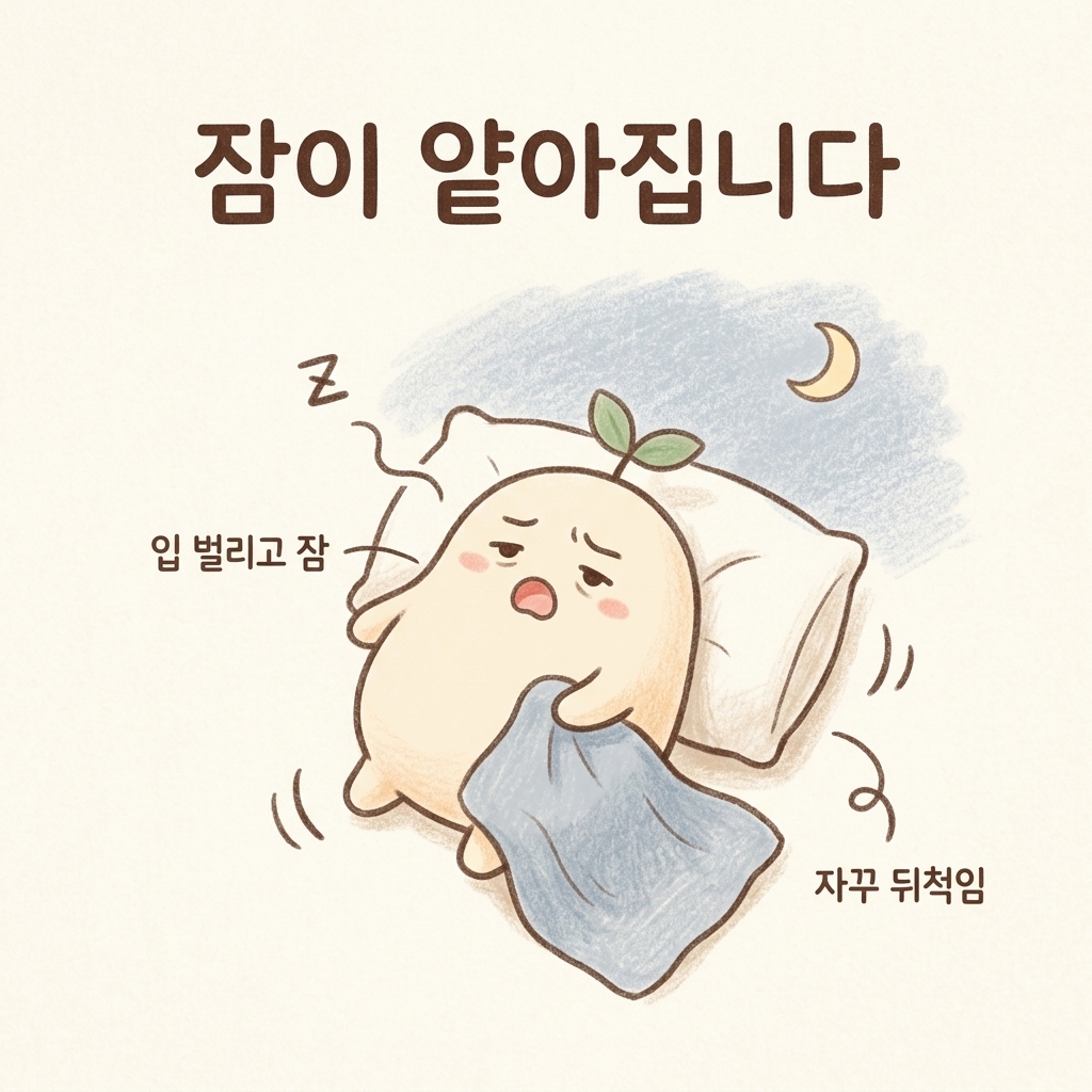 비염으로 코가 막혀 잠이 얕아지는 것을 그린 손그림 일러스트