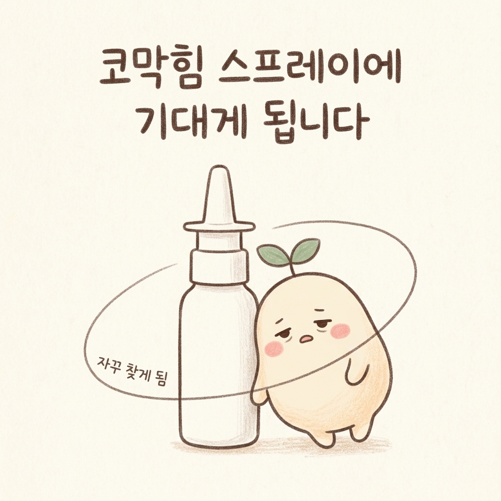 코막힘 스프레이에 기대게 되는 흐름을 그린 손그림 일러스트