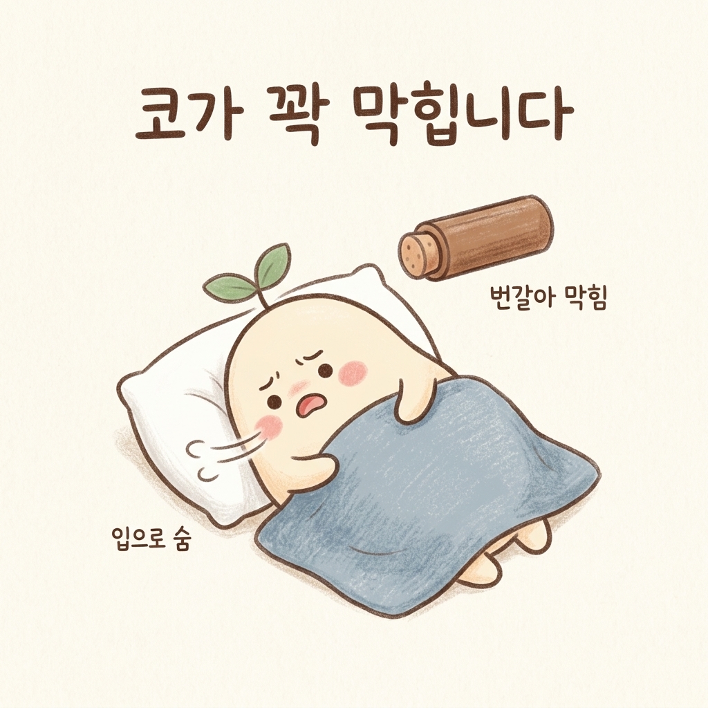 코가 번갈아 막히는 비염을 그린 손그림 일러스트