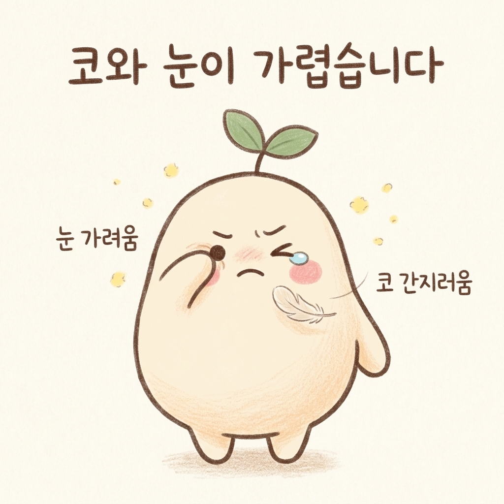 코와 눈이 가려운 알레르기 비염을 그린 손그림 일러스트