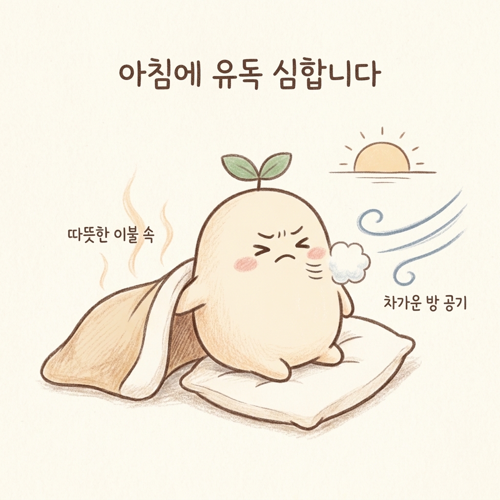 아침에 비염 증상이 심해지는 이유를 그린 손그림 일러스트