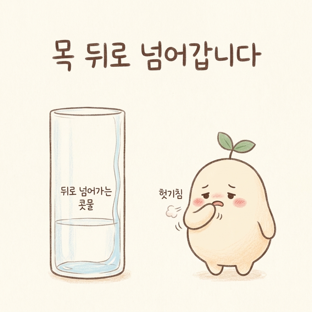 콧물이 목 뒤로 넘어가는 후비루를 그린 손그림 일러스트