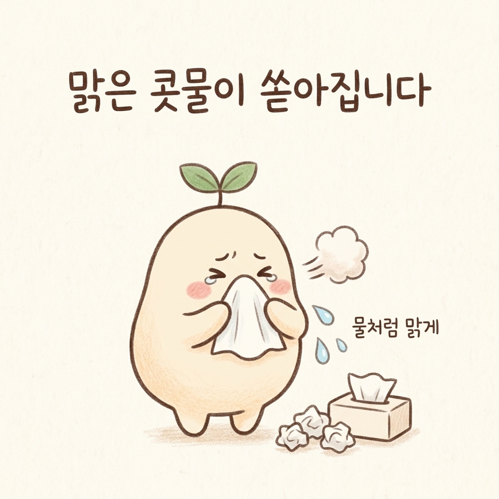 맑은 콧물과 재채기가 쏟아지는 비염을 그린 손그림 일러스트