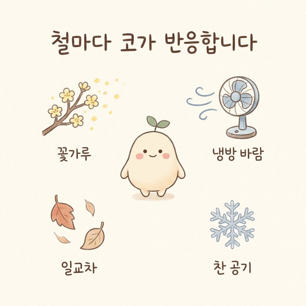 계절마다 달라지는 비염을 그린 손그림 일러스트
