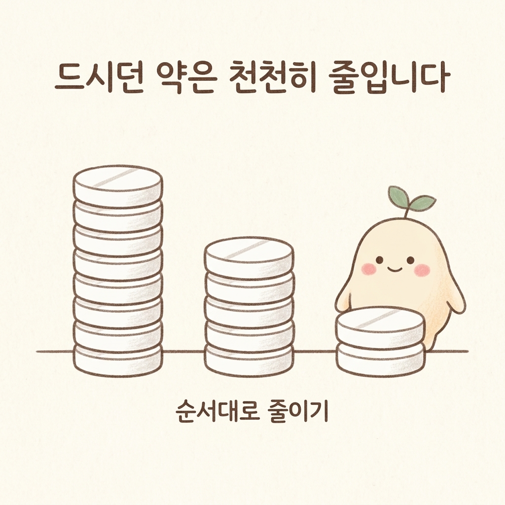 드시던 비염 약을 순서대로 줄여 가는 것을 그린 손그림 일러스트